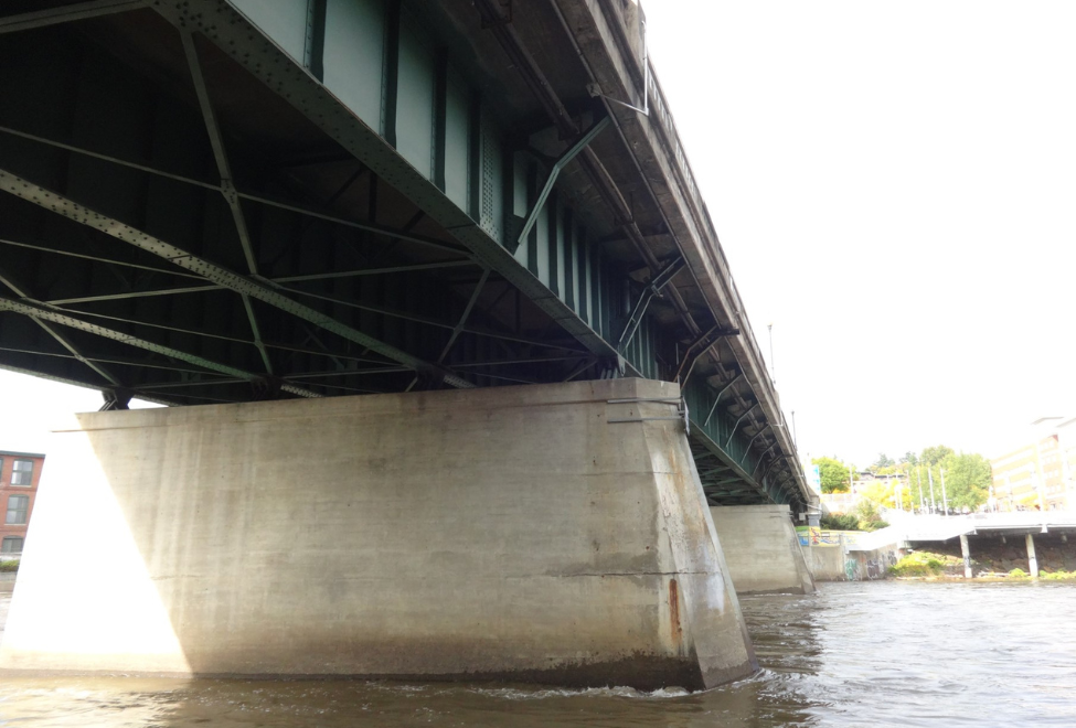 View of the underneath portion of the existing bridge in 2023.